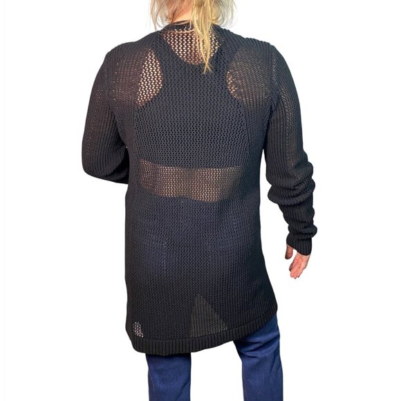 Athleta Womens Black Open-Knit Long Cardigan Sweater Large stretch casual comfy - Picture 2 of 8